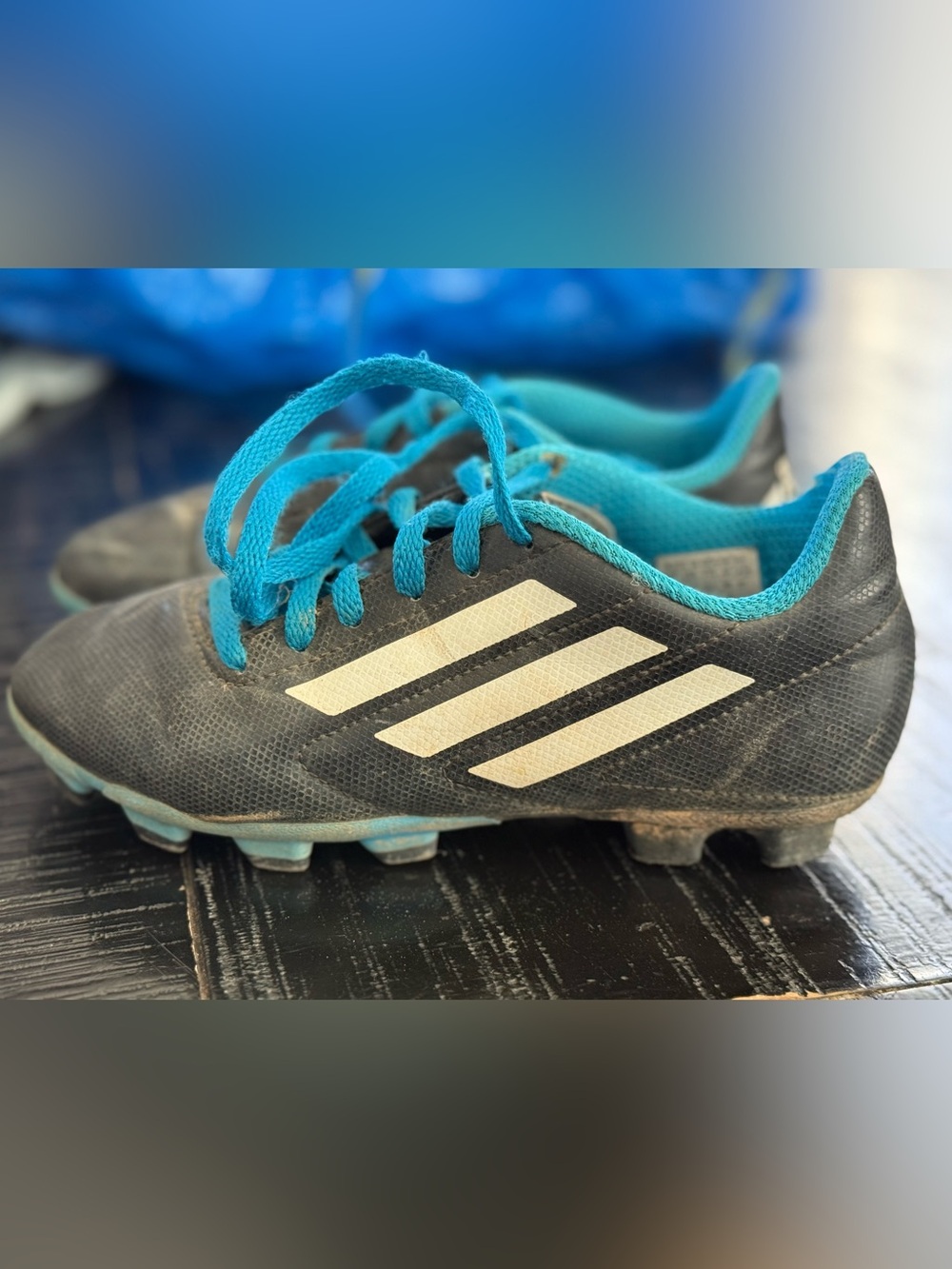adidas Kids Black Soccer Cleats with Blue Accents size 2